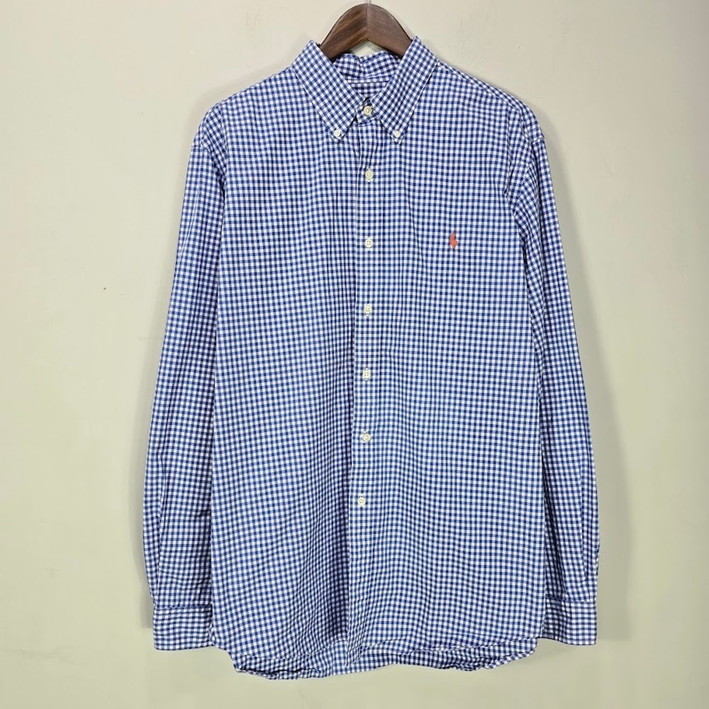 Polo Ralph Lauren Button Up Shirt Men's XL Gingham Blue Plaid Long Sleeves *Read